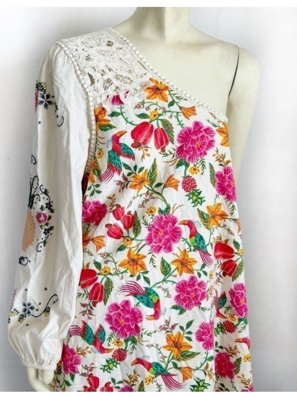 FARM Rio One-Shoulder Cream Floral Mini Dress with Pink & Green Accents - Picture 6 of 15